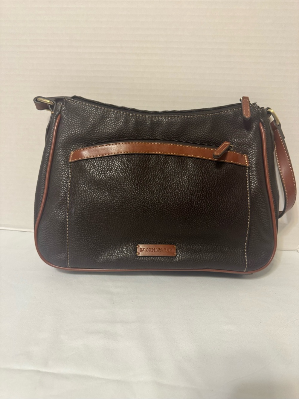 St. John's Bay Dark Brown Pebbled Leather Shoulder Bag with Tan Trim